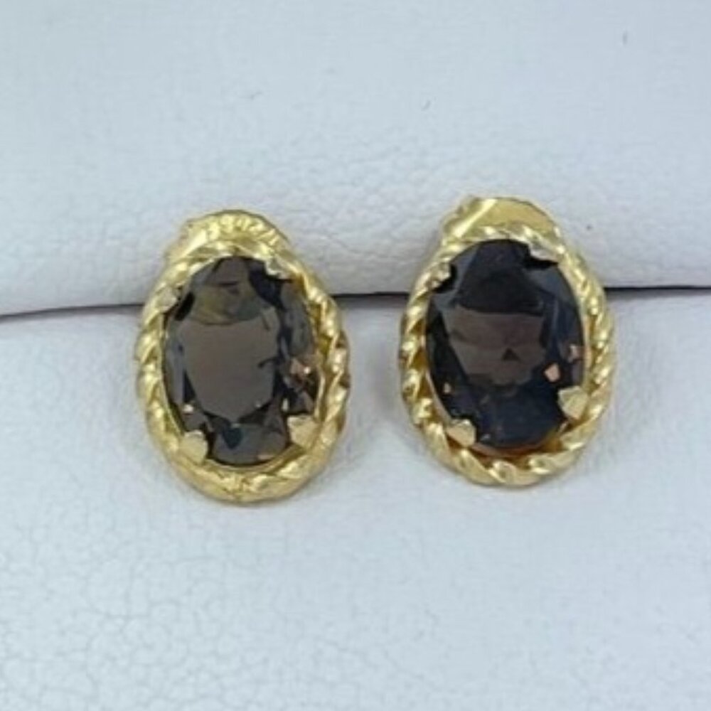 Vintage Burt Cassell Smoky Quartz 12K Gold Filled Oval Stud Earrings - Picture 3 of 5